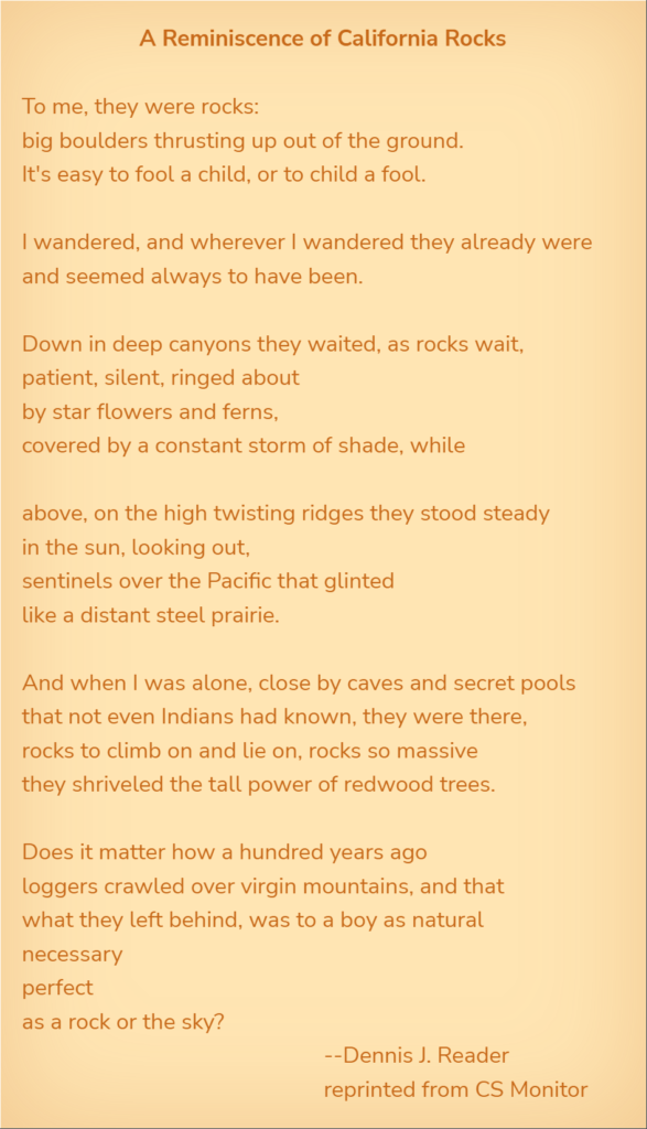 A Reminiscence of California Rocks poem by Dennis J. Reader